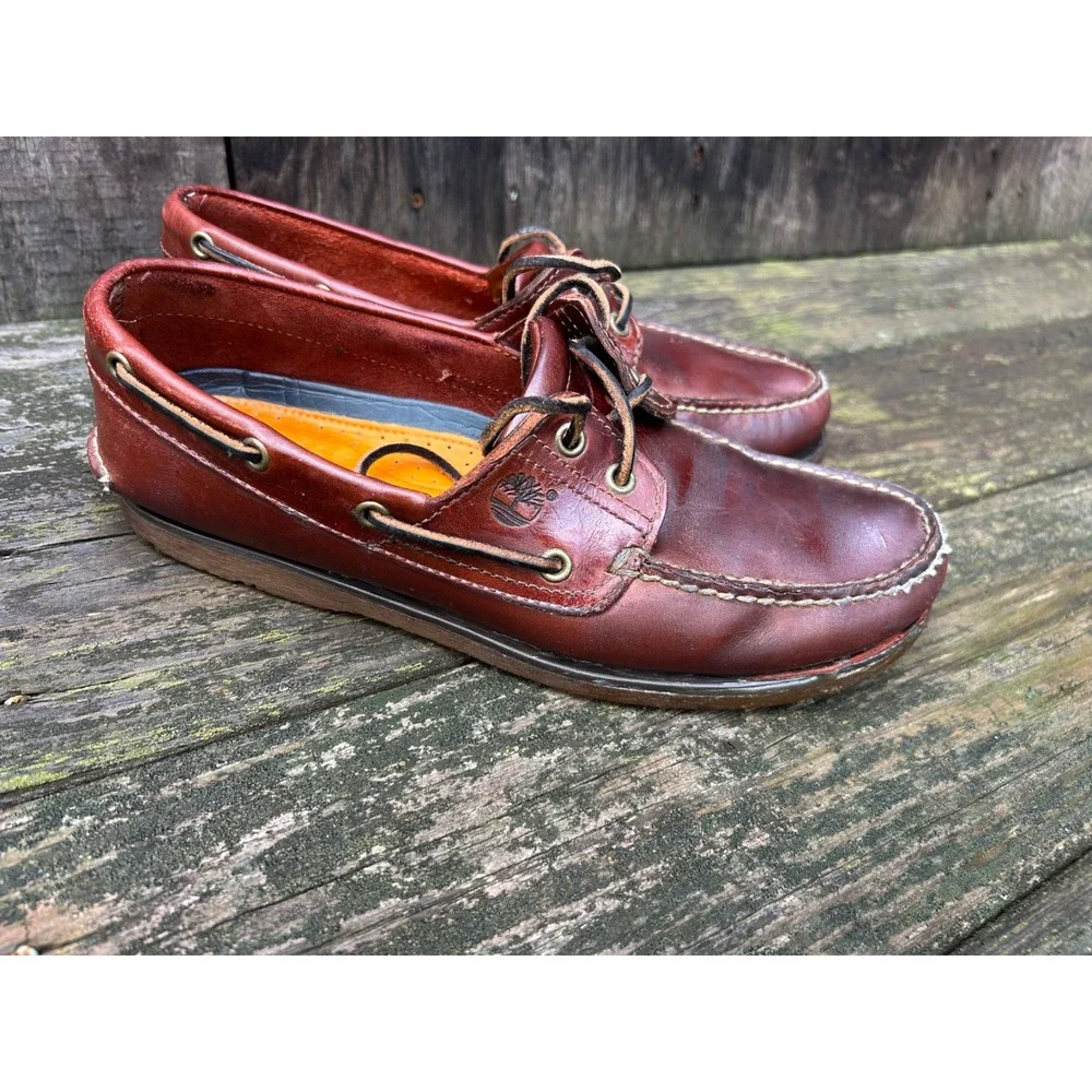 Timberland Mens 9.5 M Burgundy Brown Leather Boat Shoes 25077 Classic Moc Toe